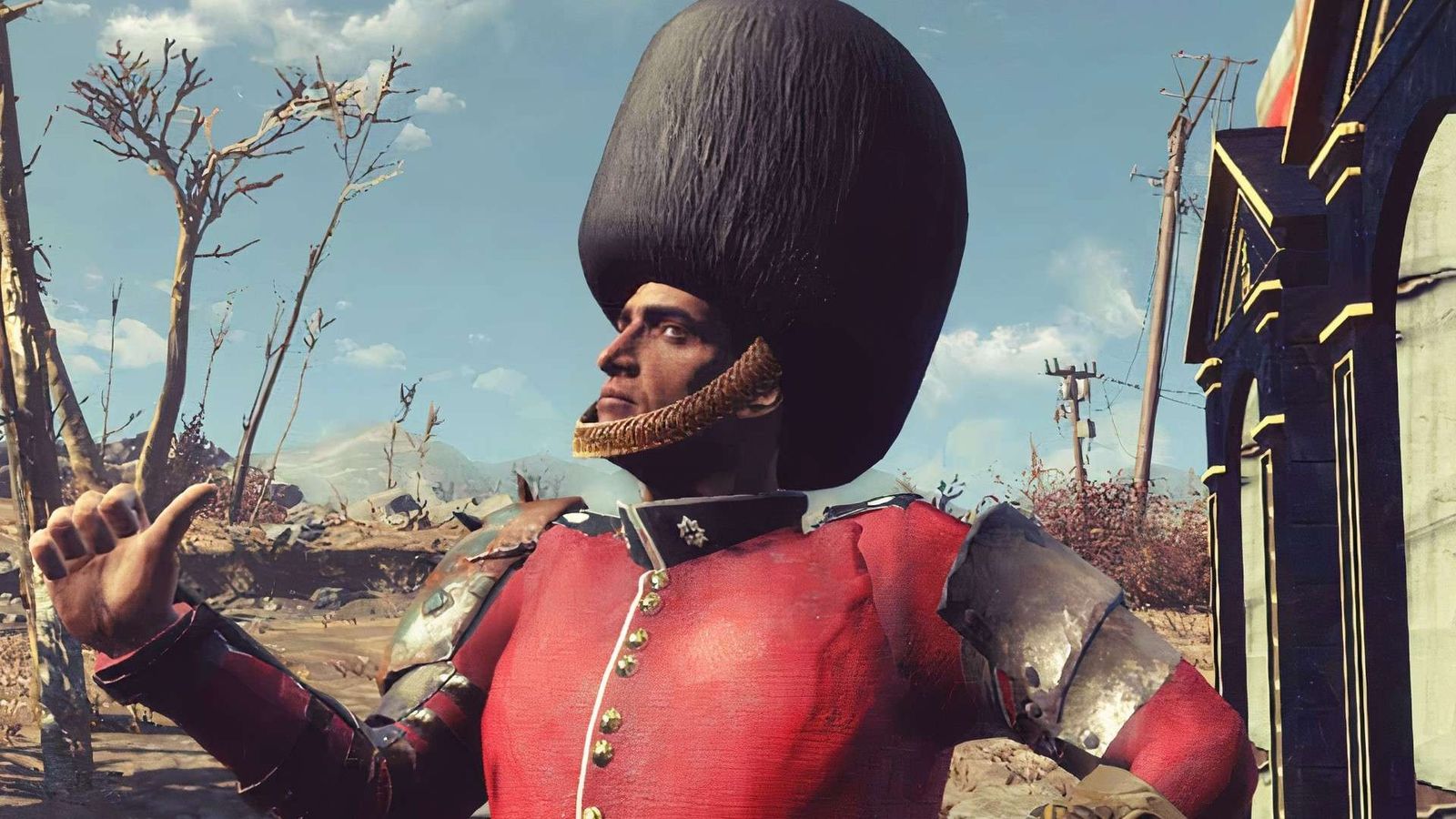 A man in a red uniform with a big hat is giving a thumbs up in Fallout: London