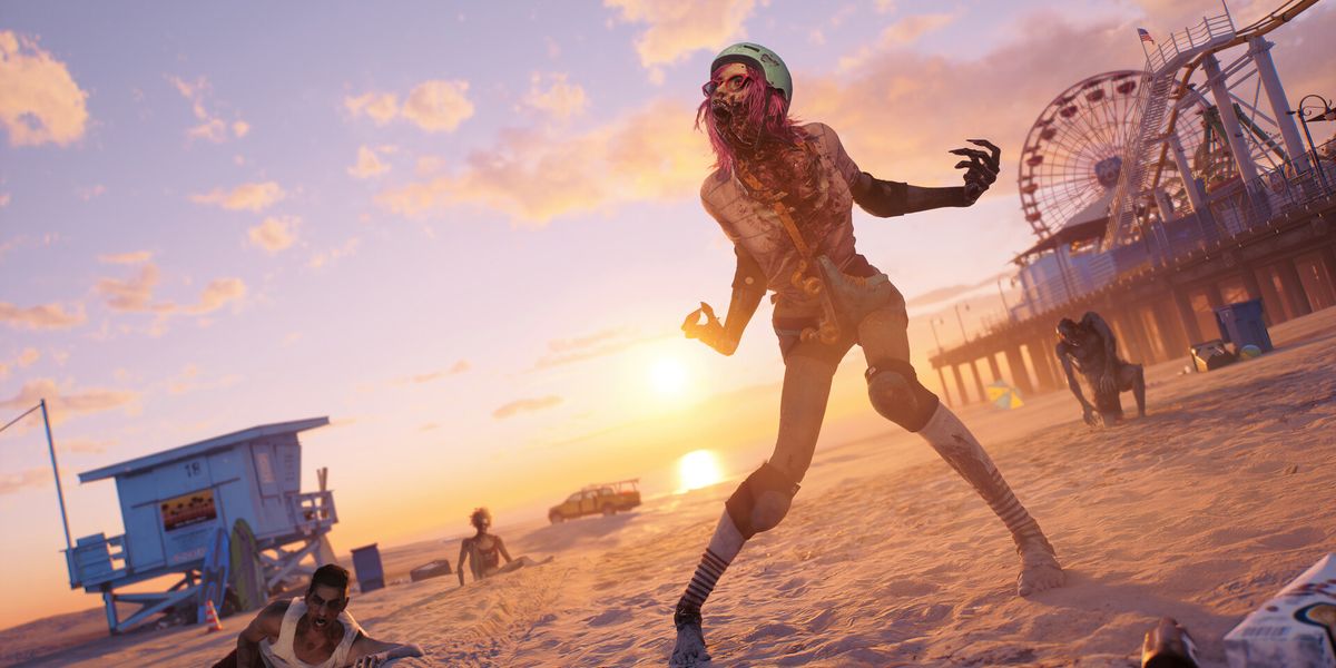 A zombie walking along a beach in Dead Island 2.