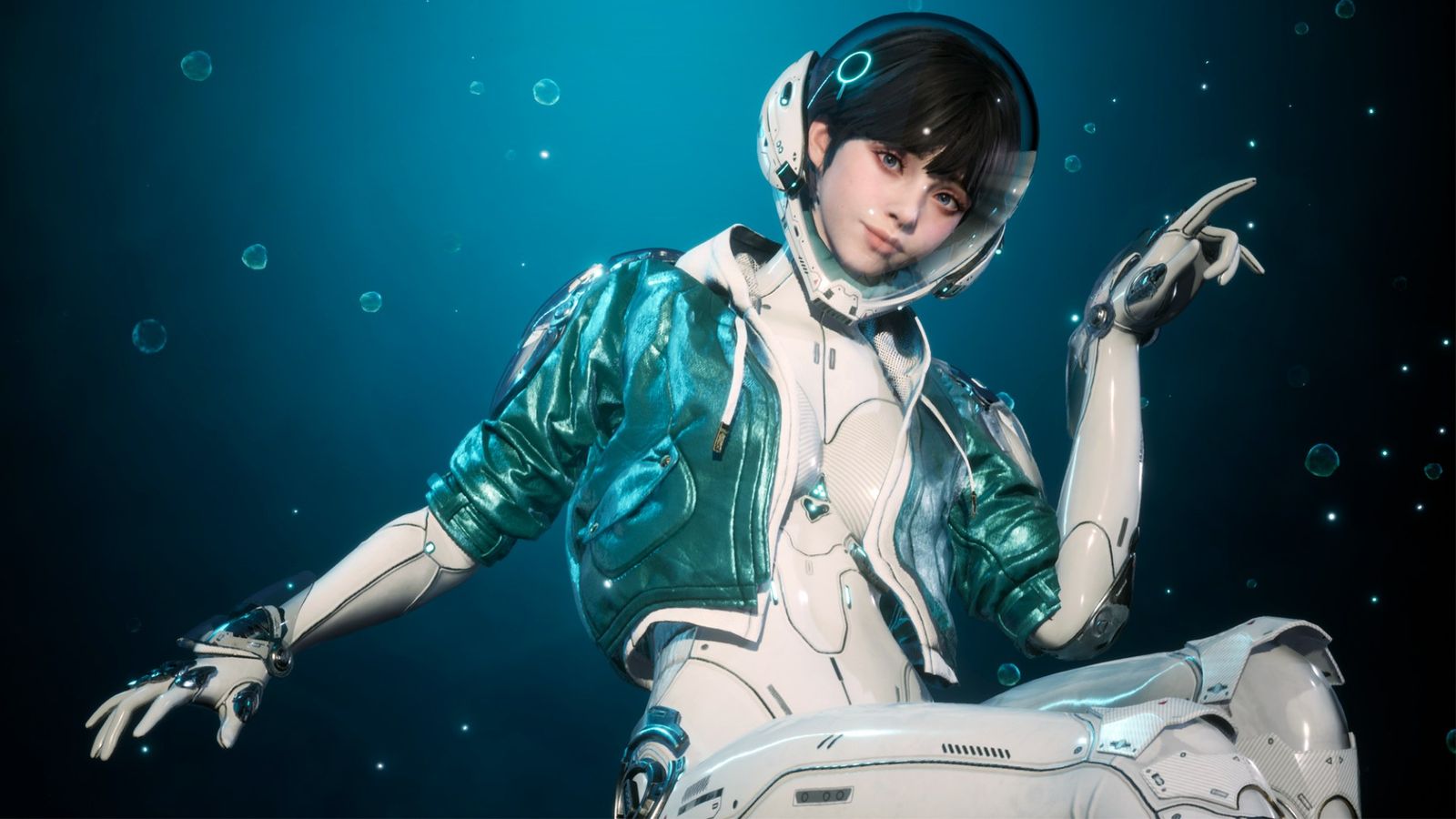 The First Descendant character Valby posing with her hands pointing to either side as she sits surrounded by small water bubbles.