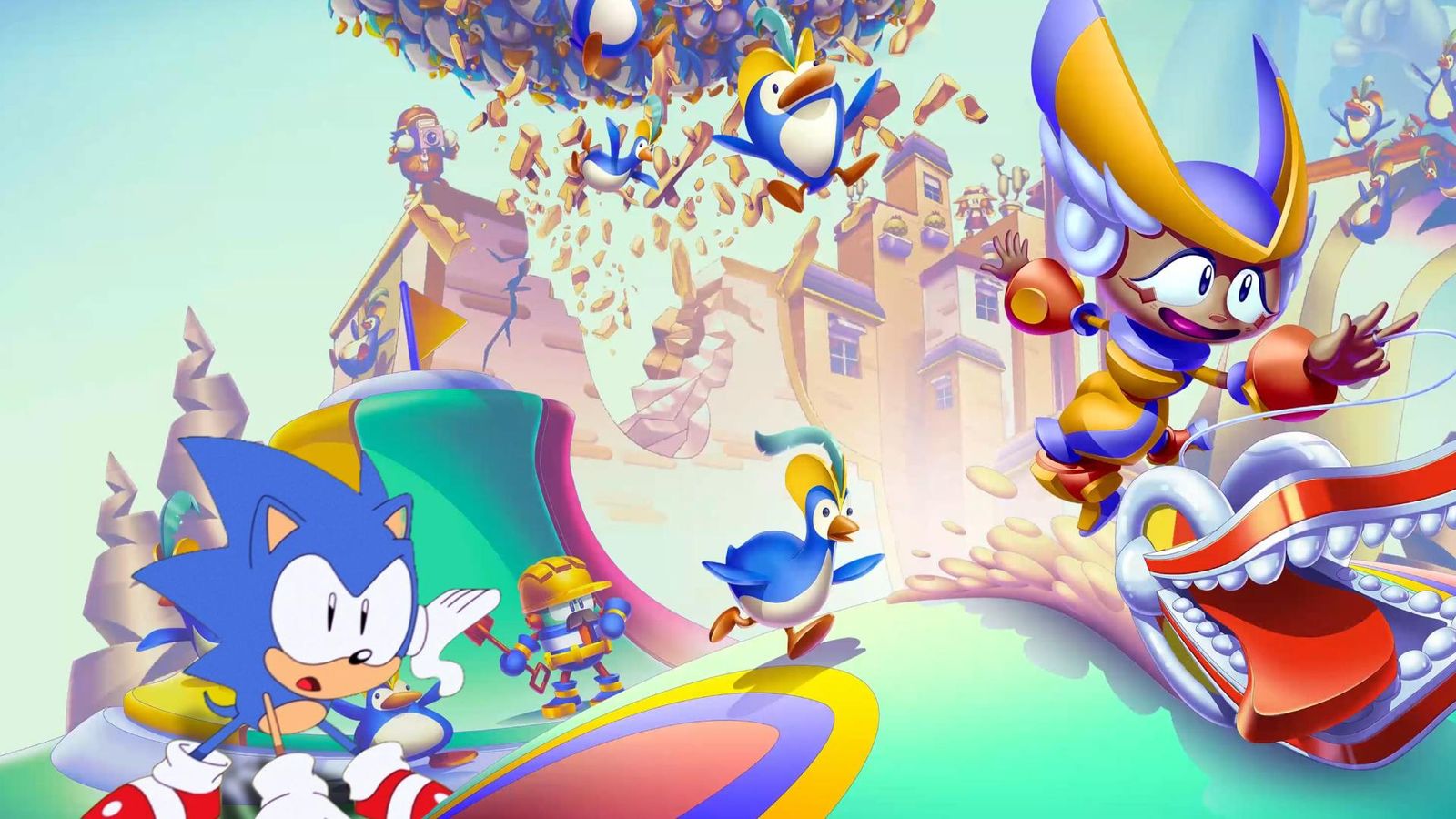 Penny's Big Breakaway key art showing Penny and her yoyo running away from Penguins while Sonic is stuck trailing behind