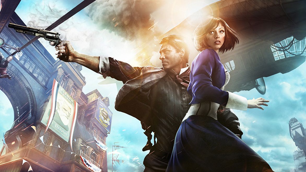 A promotional image for Bioshock Infinite. Protagonists Booker DeWitt and Elisabeth stand in front of an airship while Booker aims a gun.