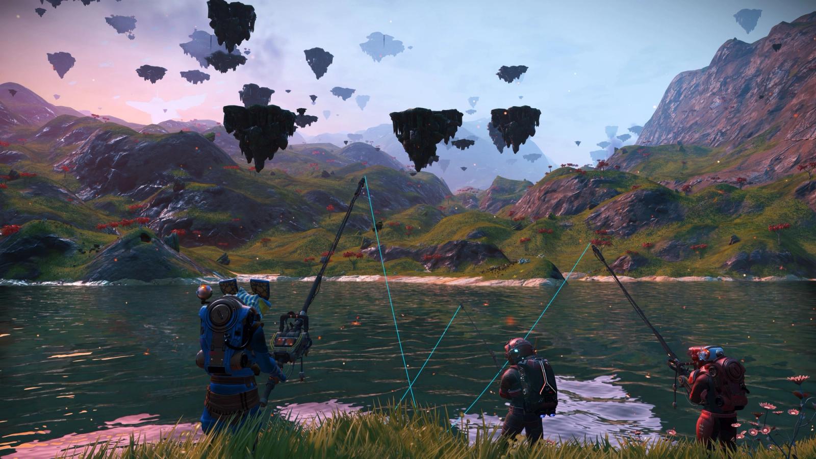 image of several players fishing in no mans sky