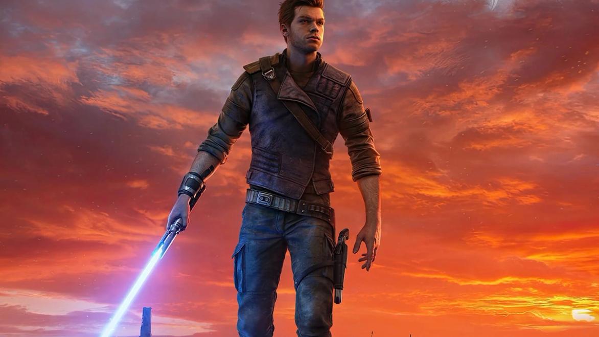 Star Wars Jedi: Survivor protagonist Cal Kestis stands in front of a sunset, holding his lightsaber. 