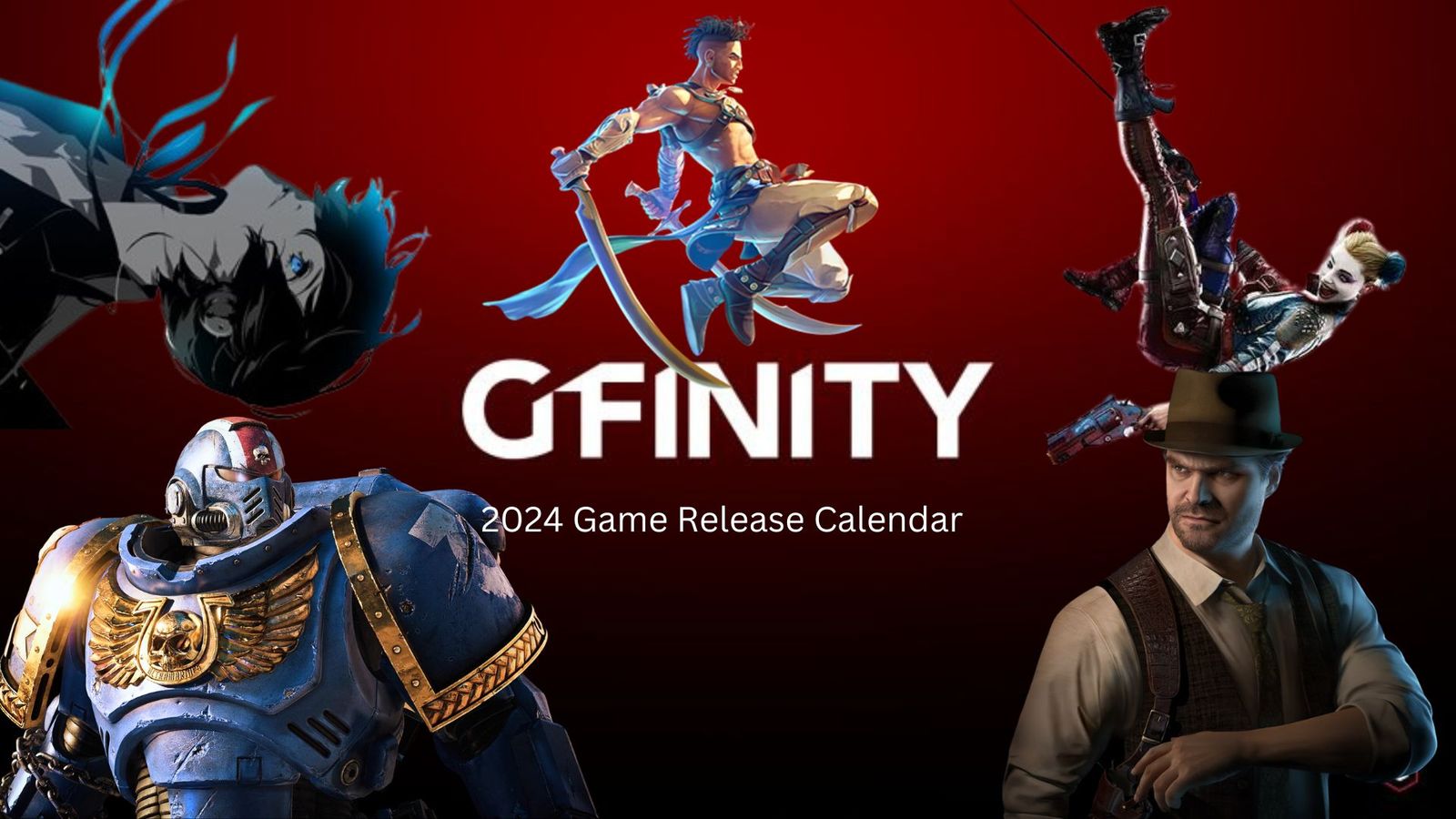 A compilation of characters from upcoming games surrounding the word Gfinity