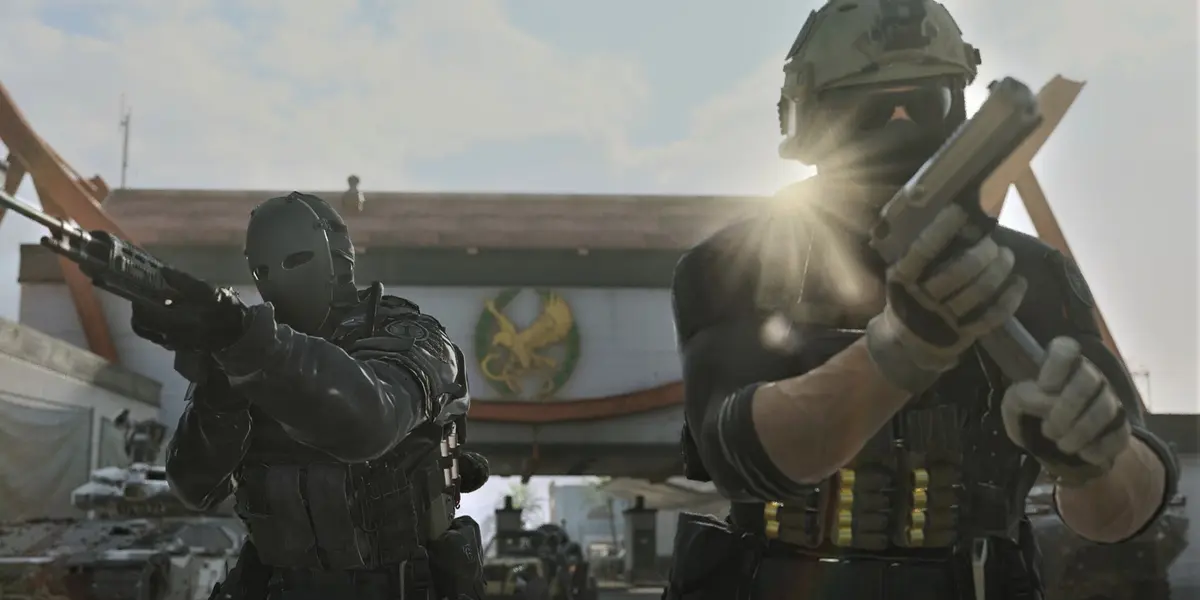 Screenshot of Modern warfare 2 players holding guns near parked cars